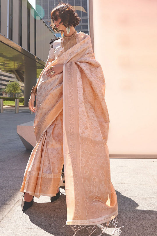 Zayna Cream Kanjivaram Silk Woven Ready To Wear One Minute Saree