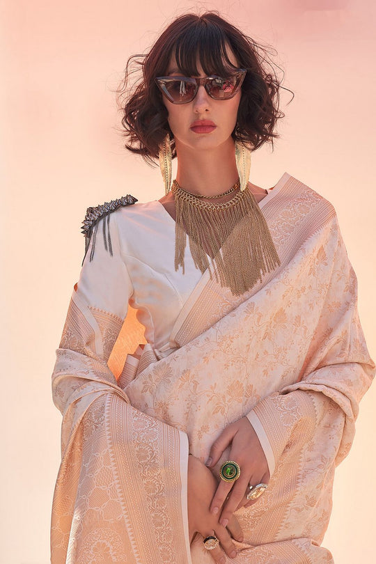 Zayna Cream Kanjivaram Silk Woven Ready To Wear One Minute Saree