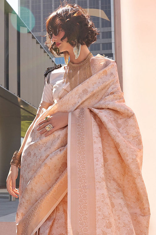 Zayna Cream Kanjivaram Silk Woven Ready To Wear One Minute Saree