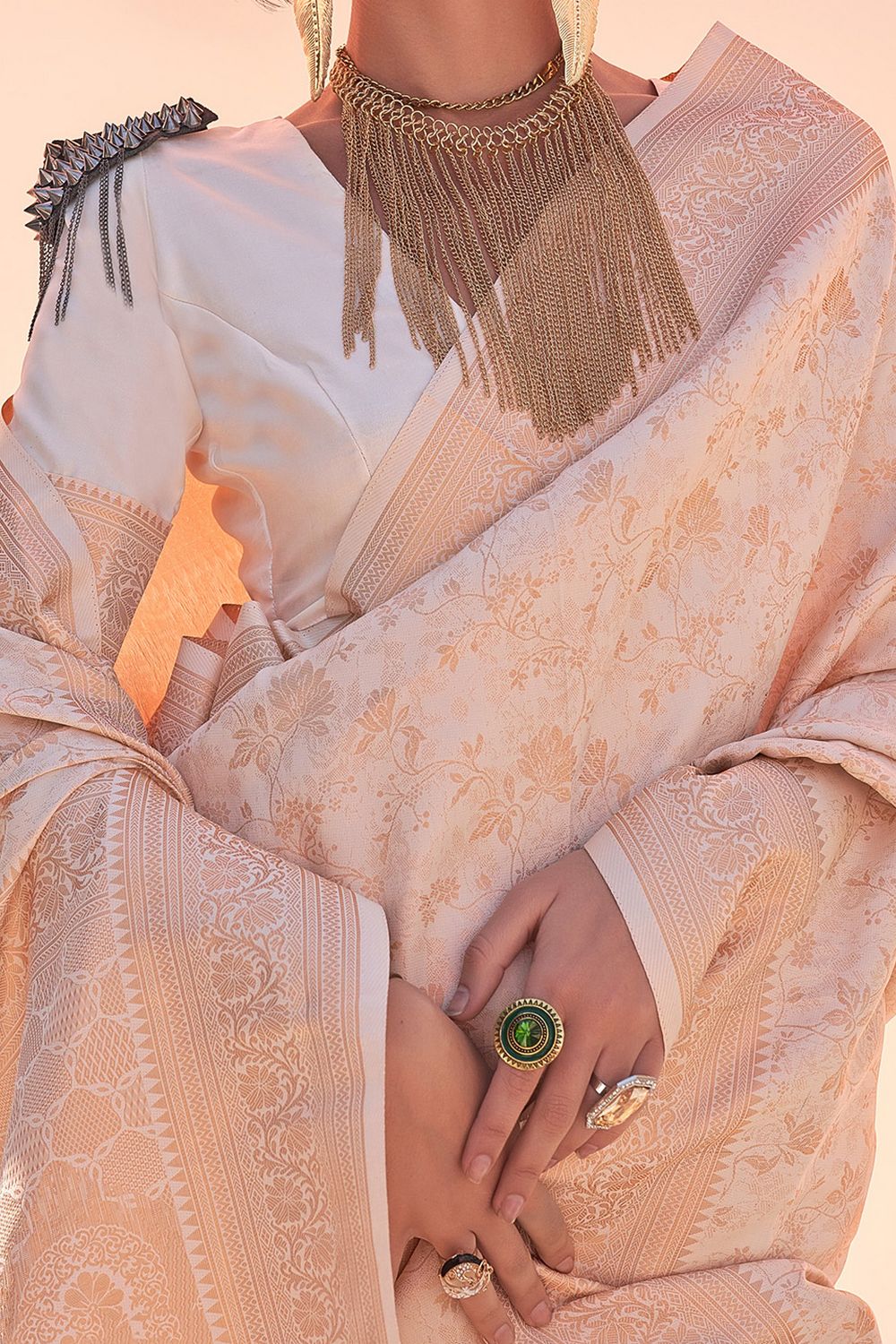 Zayna Cream Kanjivaram Silk Woven Ready To Wear One Minute Saree