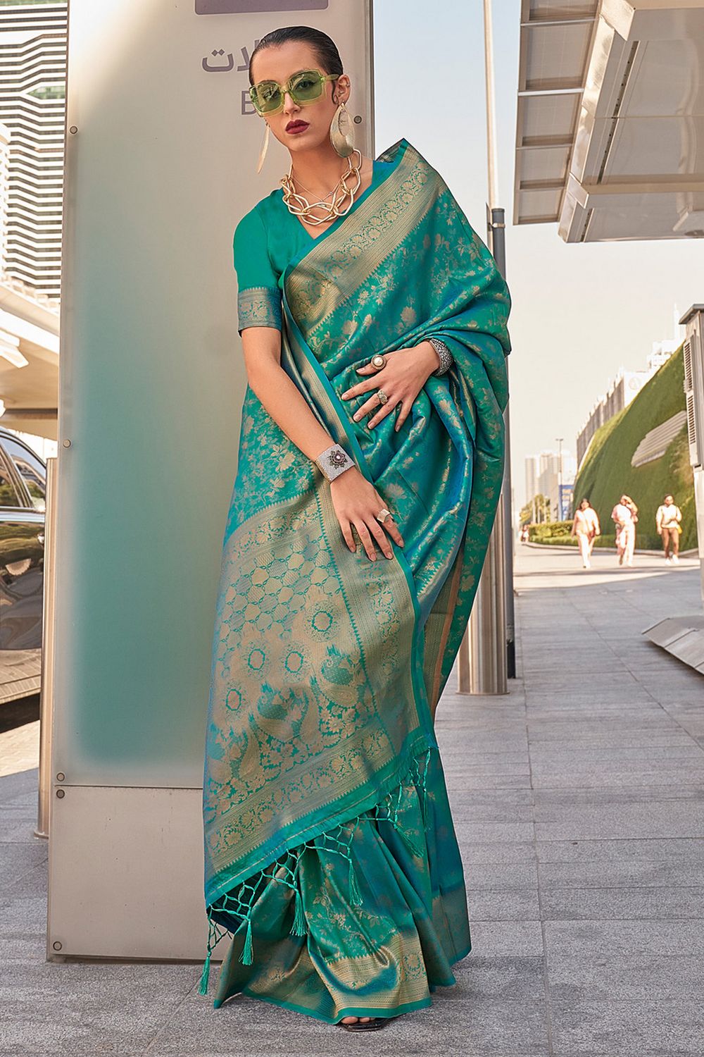Zayna Teal Blue Kanjivaram Silk Woven Ready To Wear One Minute Saree