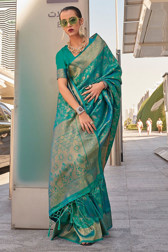 Zayna Teal Blue Kanjivaram Silk Woven Ready To Wear One Minute Saree