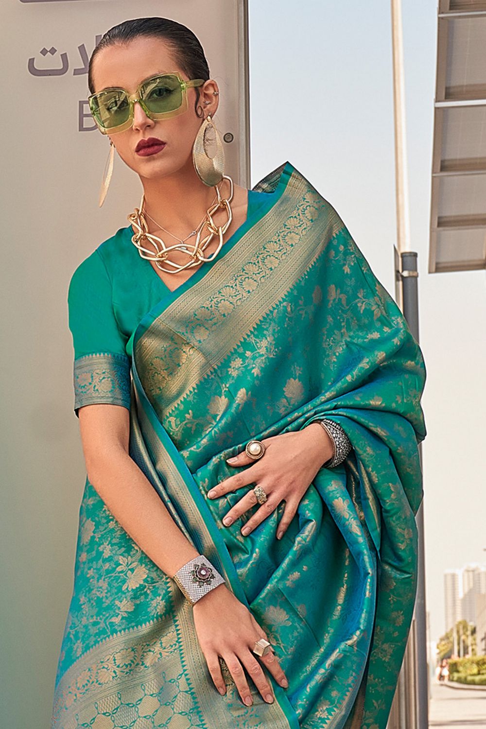 Zayna Teal Blue Kanjivaram Silk Woven Ready To Wear One Minute Saree