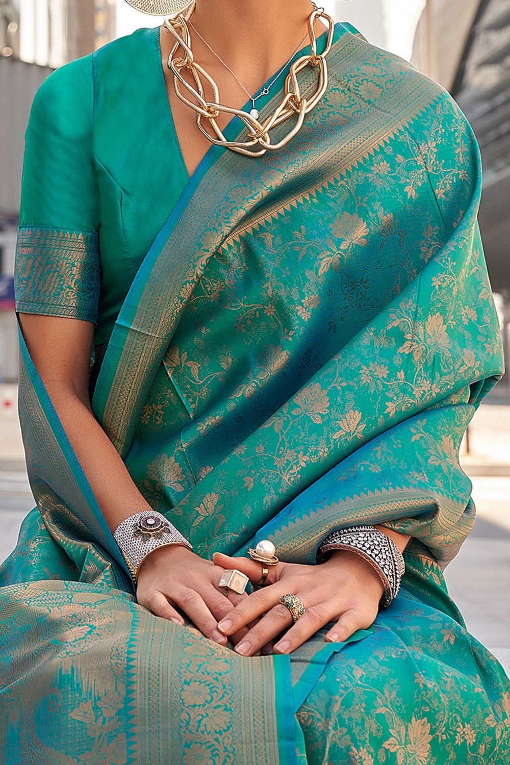 Zayna Teal Blue Kanjivaram Silk Woven Ready To Wear One Minute Saree