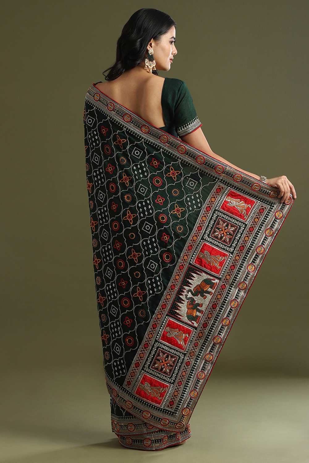 Laxmi Dark Green Vichitra Silk Ethnic Motif Ready To Wear One Minute Saree