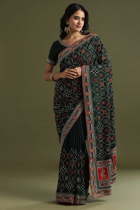 Laxmi Dark Green Vichitra Silk Ethnic Motif Ready To Wear One Minute Saree