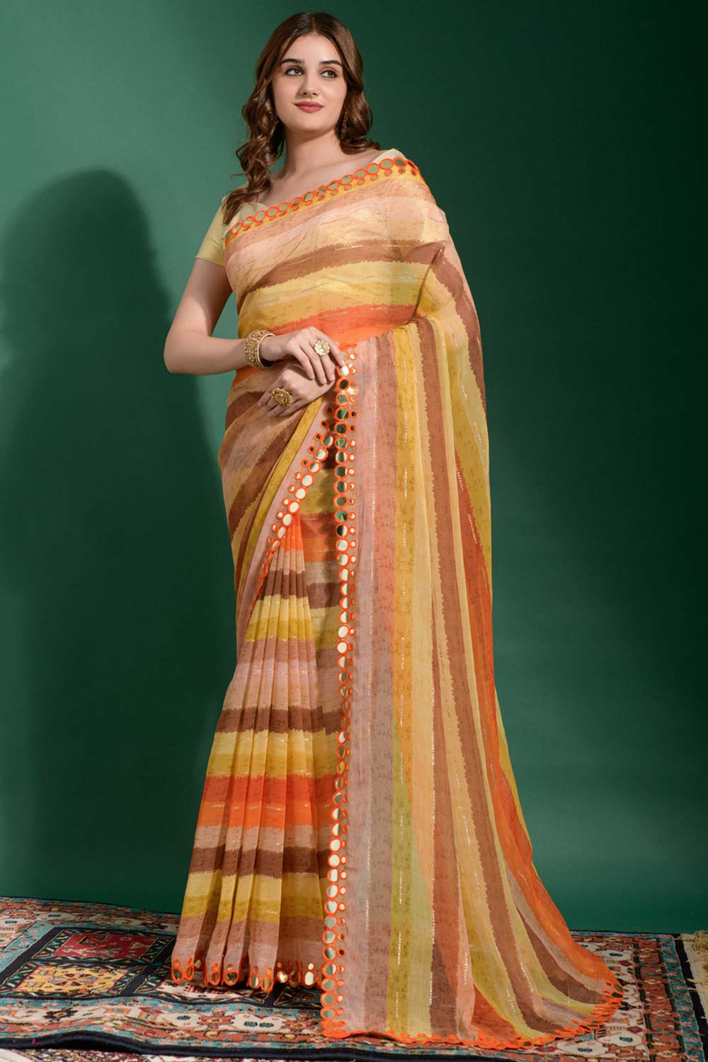 Linda Yellow Multi-color Chiffon Printed One Minute Saree