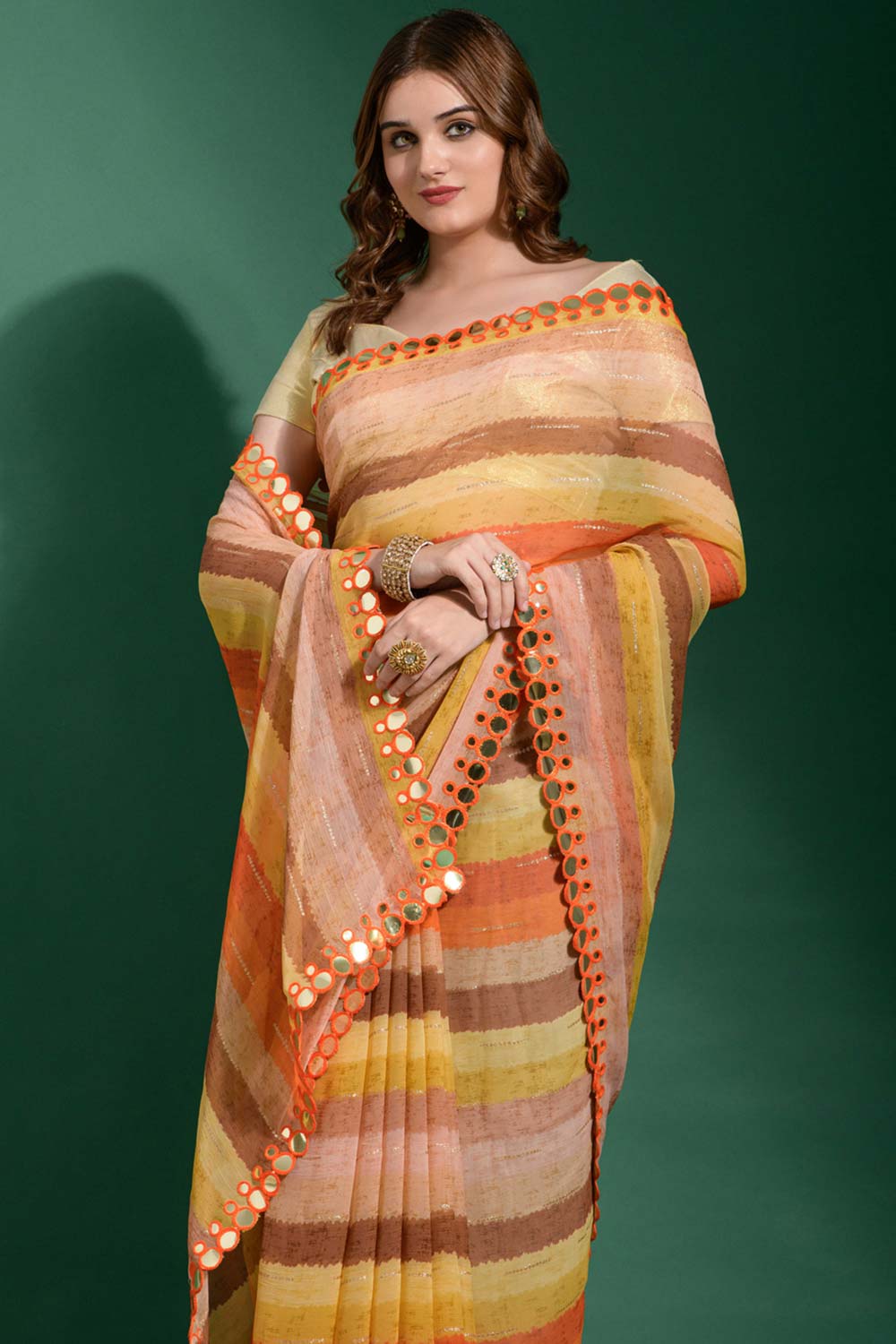 Linda Yellow Multi-color Chiffon Printed One Minute Saree