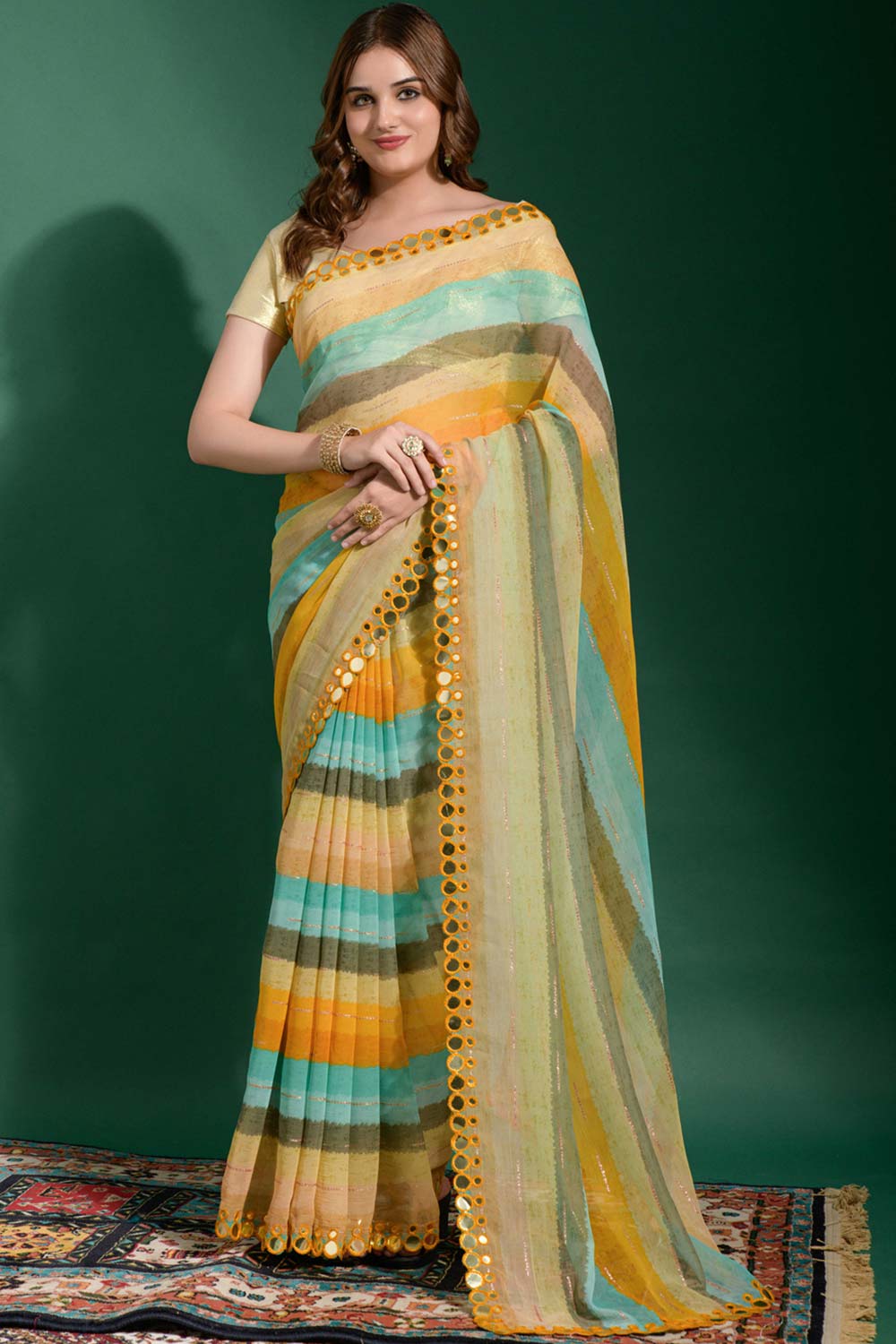 Linda Green Multi-color Chiffon Printed One Minute Saree