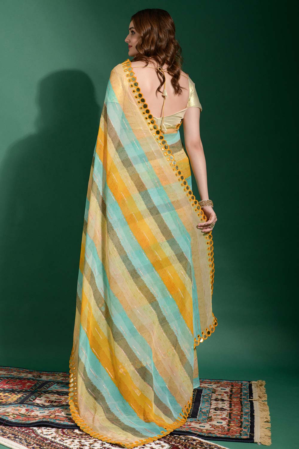 Linda Green Multi-color Chiffon Printed One Minute Saree