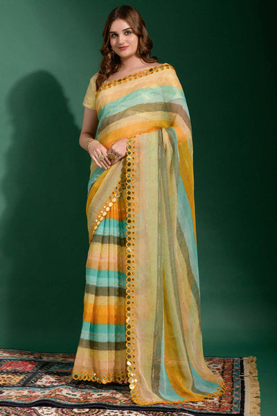 Linda Green Multi-color Chiffon Printed One Minute Saree