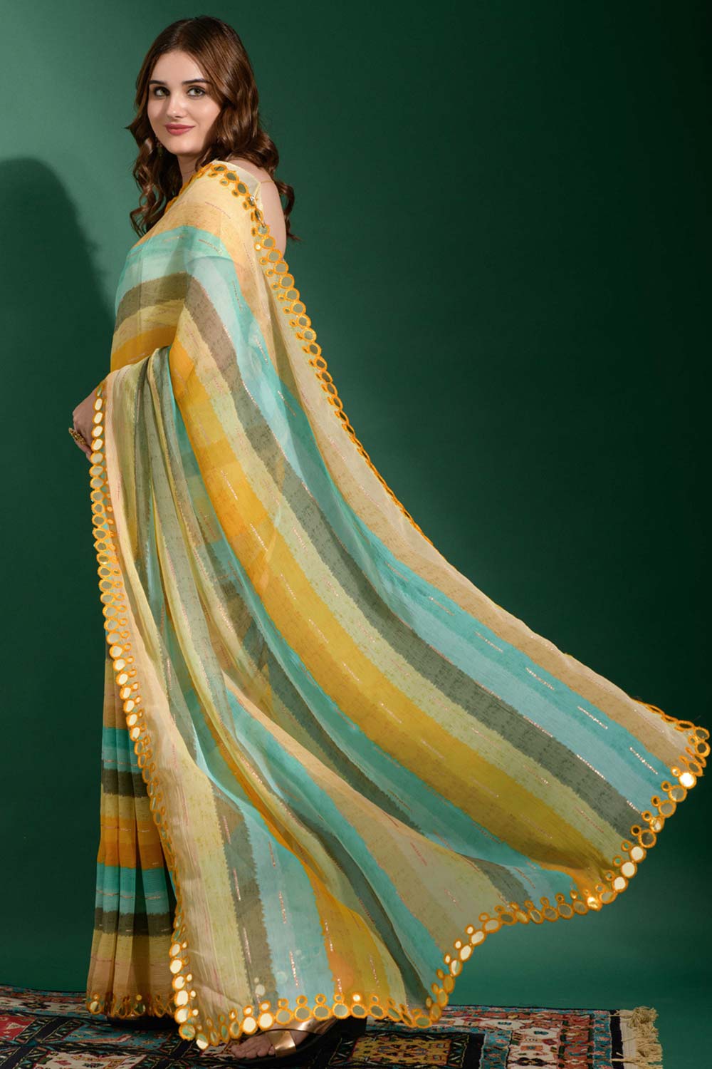 Linda Green Multi-color Chiffon Printed One Minute Saree