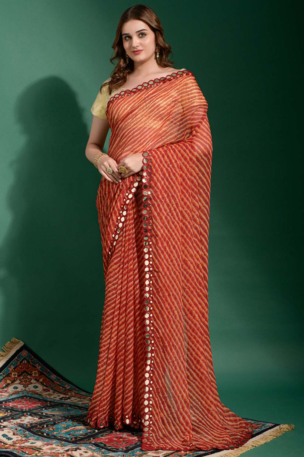 Nadia Red Chiffon Leheriya One Minute Saree