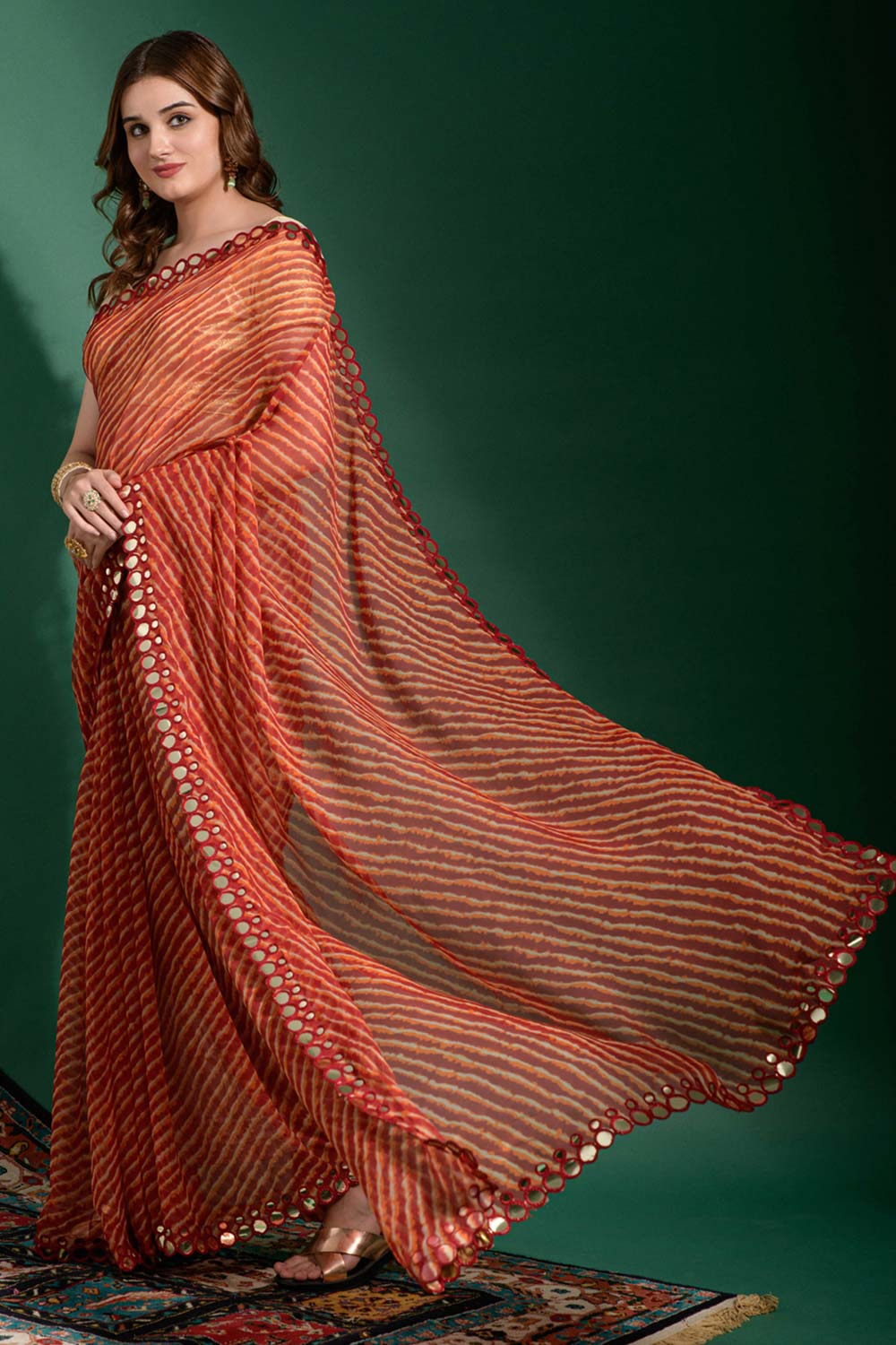 Nadia Red Chiffon Leheriya One Minute Saree