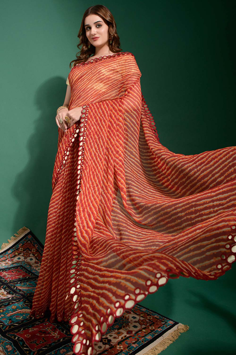 Nadia Red Chiffon Leheriya One Minute Saree