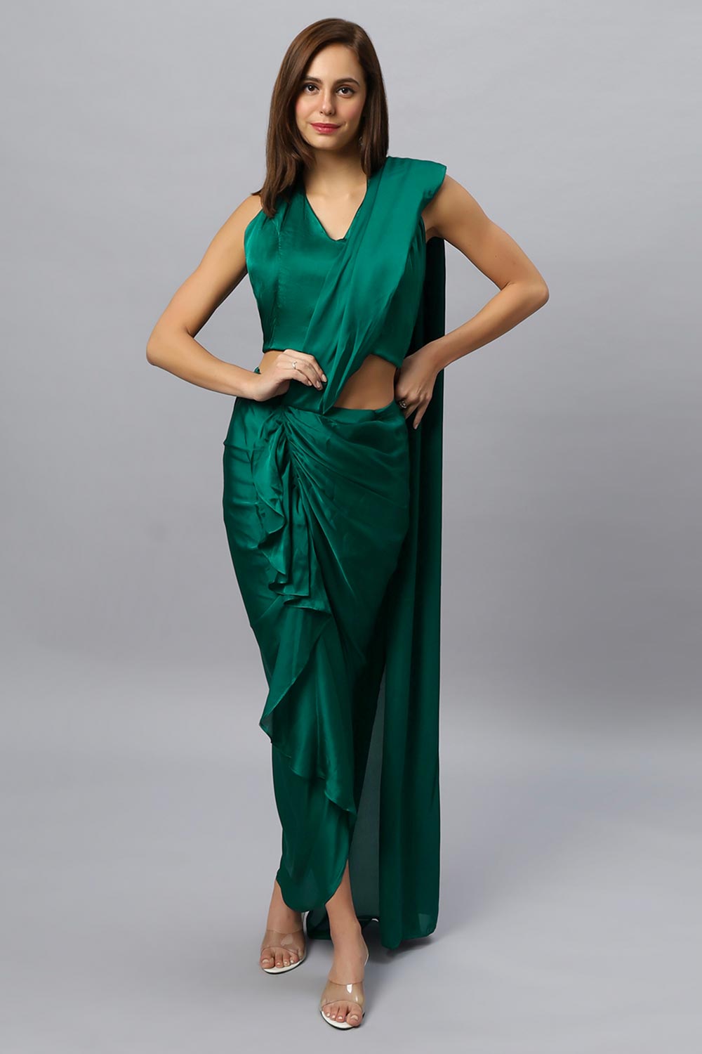 Buy Lillia Emerald Green Satin Silk Sarong Saree Online ONE MINUTE SAREE Buy lillia emerald green satin silk sarong saree online one minute saree