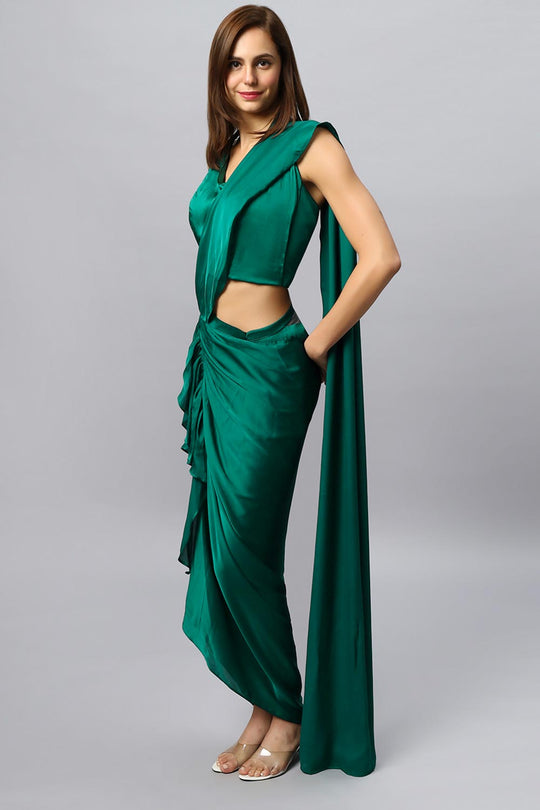 Lillia Emerald Green Satin Silk Sarong Saree