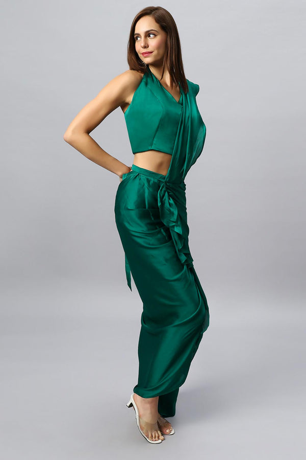 Lillia Emerald Green Satin Silk Sarong Saree