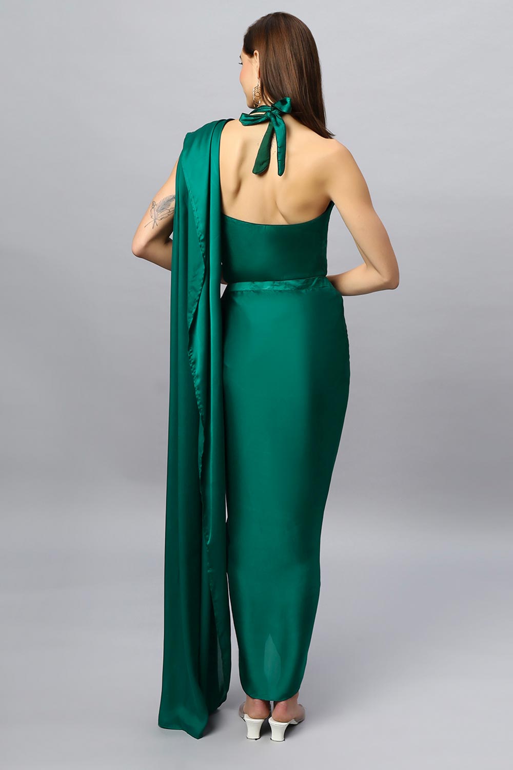 Lillia Emerald Green Satin Silk Sarong Saree