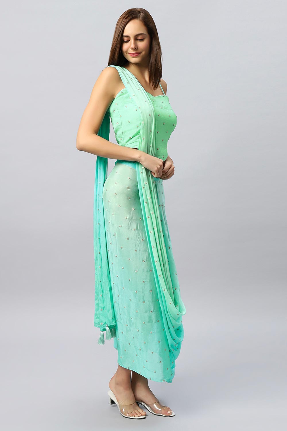 Loki Mint Chinon Silk Sarong Saree with Gold Sequins