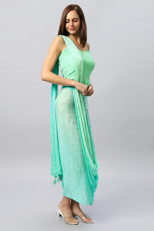 Loki Mint Chinon Silk Sarong Saree with Gold Sequins