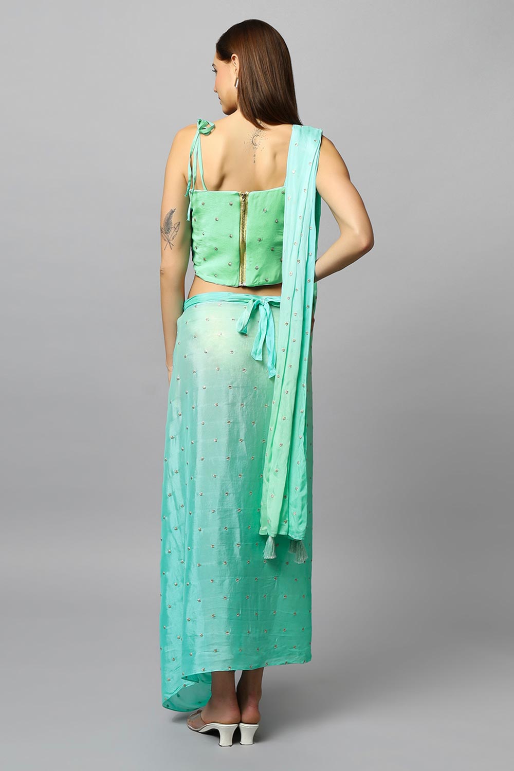 Loki Mint Chinon Silk Sarong Saree with Gold Sequins