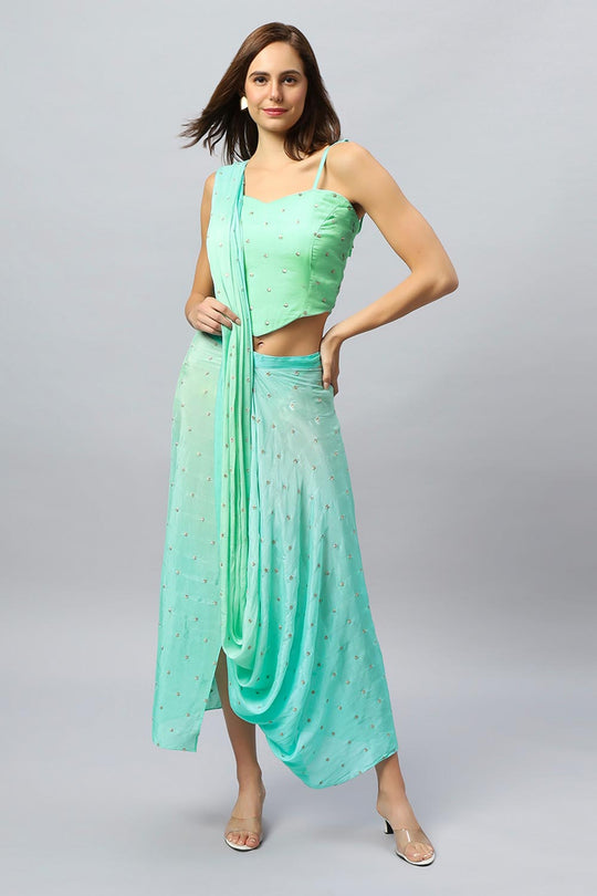 Loki Mint Chinon Silk Sarong Saree with Gold Sequins