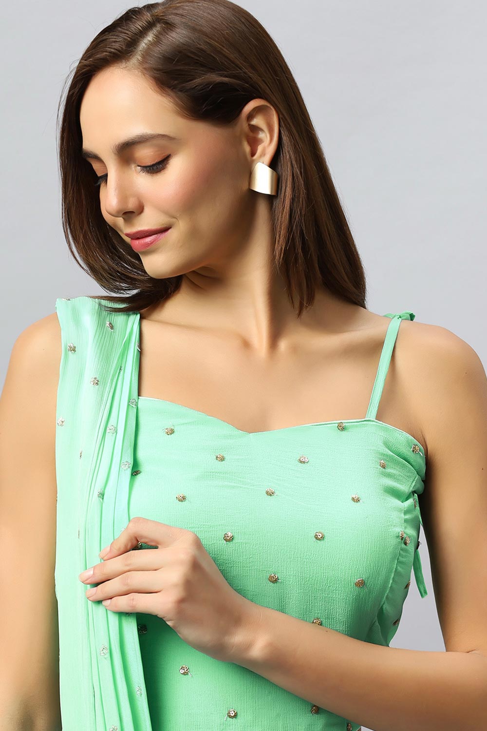 Loki Mint Chinon Silk Sarong Saree with Gold Sequins