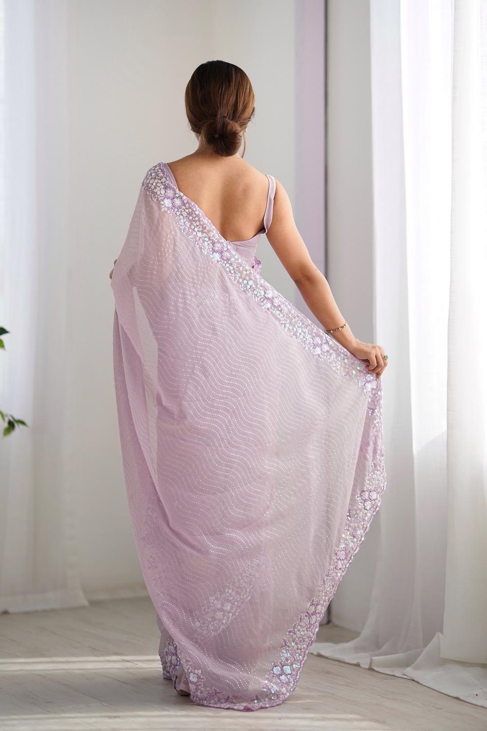 Isaha Soft Lavender Georgette Saree with Sequins Embellished Border Ready to Wear One Minute Saree