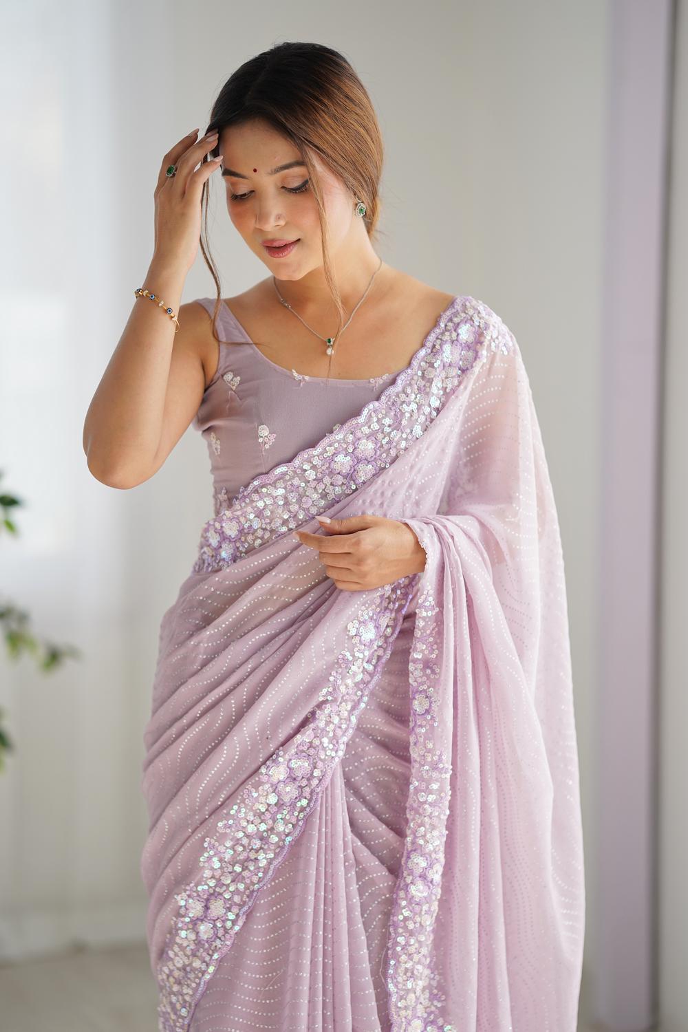 Isaha Soft Lavender Georgette Saree with Sequins Embellished Border Ready to Wear One Minute Saree