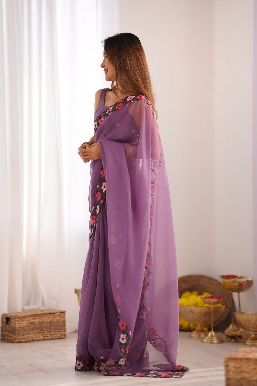 Lena Lilac Tissue Saree with Floral Embroidered Border Ready to Wear One Minute Saree