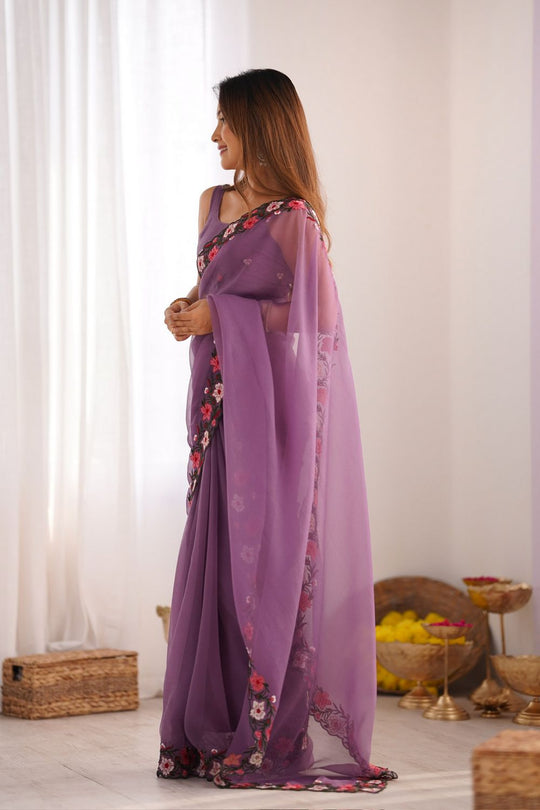 Lena Lilac Tissue Saree with Floral Embroidered Border Ready to Wear One Minute Saree