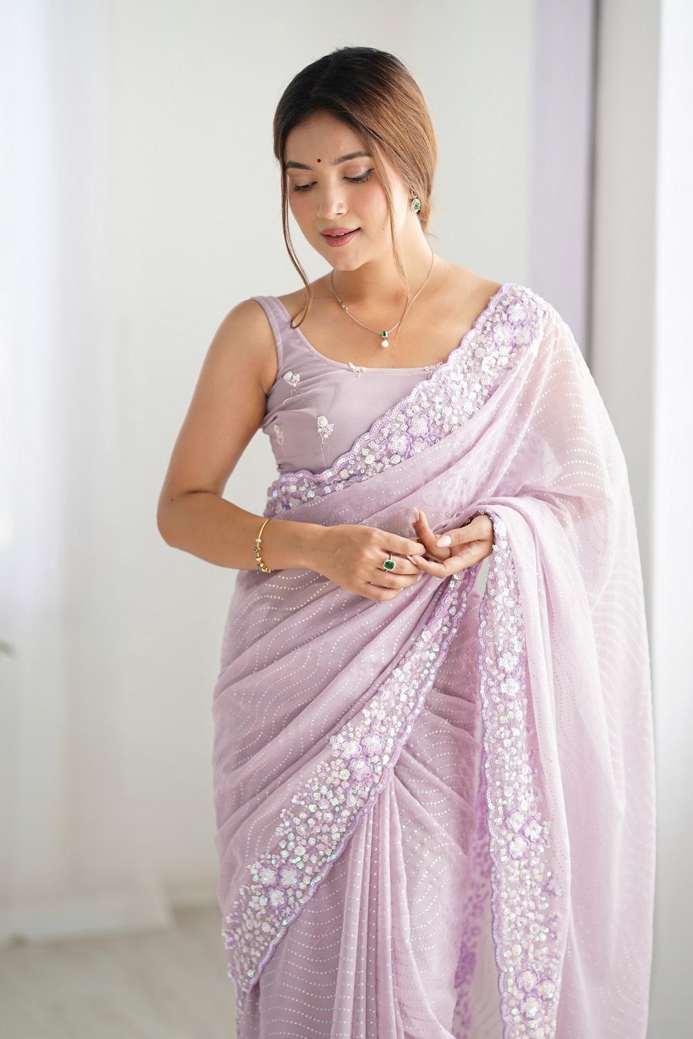 Isaha Soft Lavender Georgette Saree with Sequins Embellished Border Ready to Wear One Minute Saree