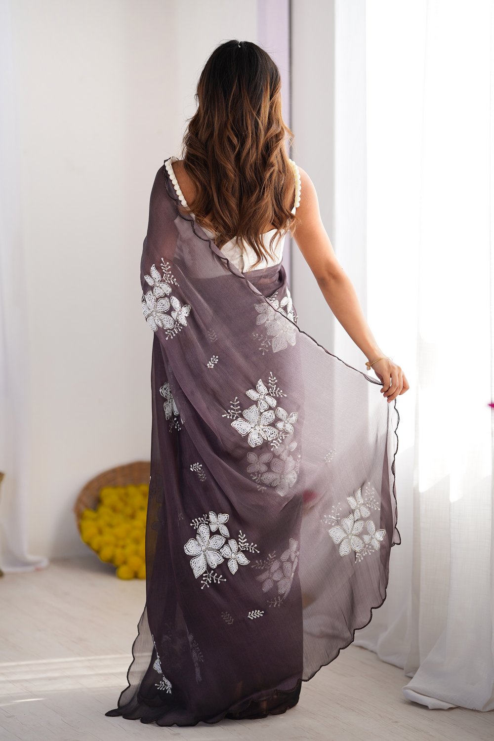 Diana Dark Purple Chiffon saree with Floral Work Ready to Wear One Minute Saree