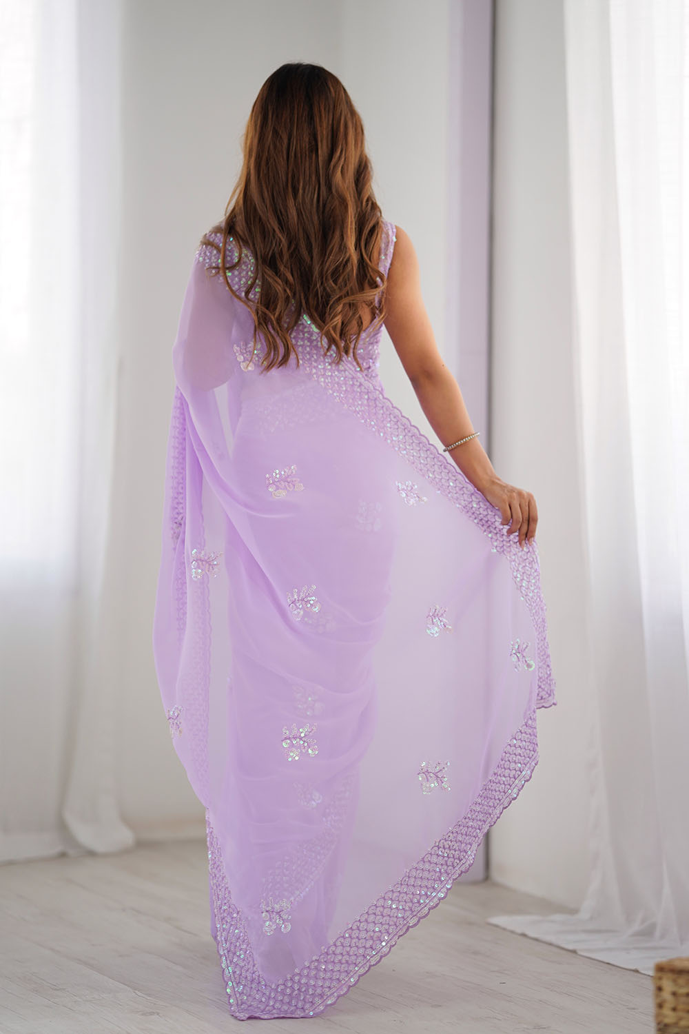 Tyra Lavender Georgette Net Embroidered Sequins One Minute Saree