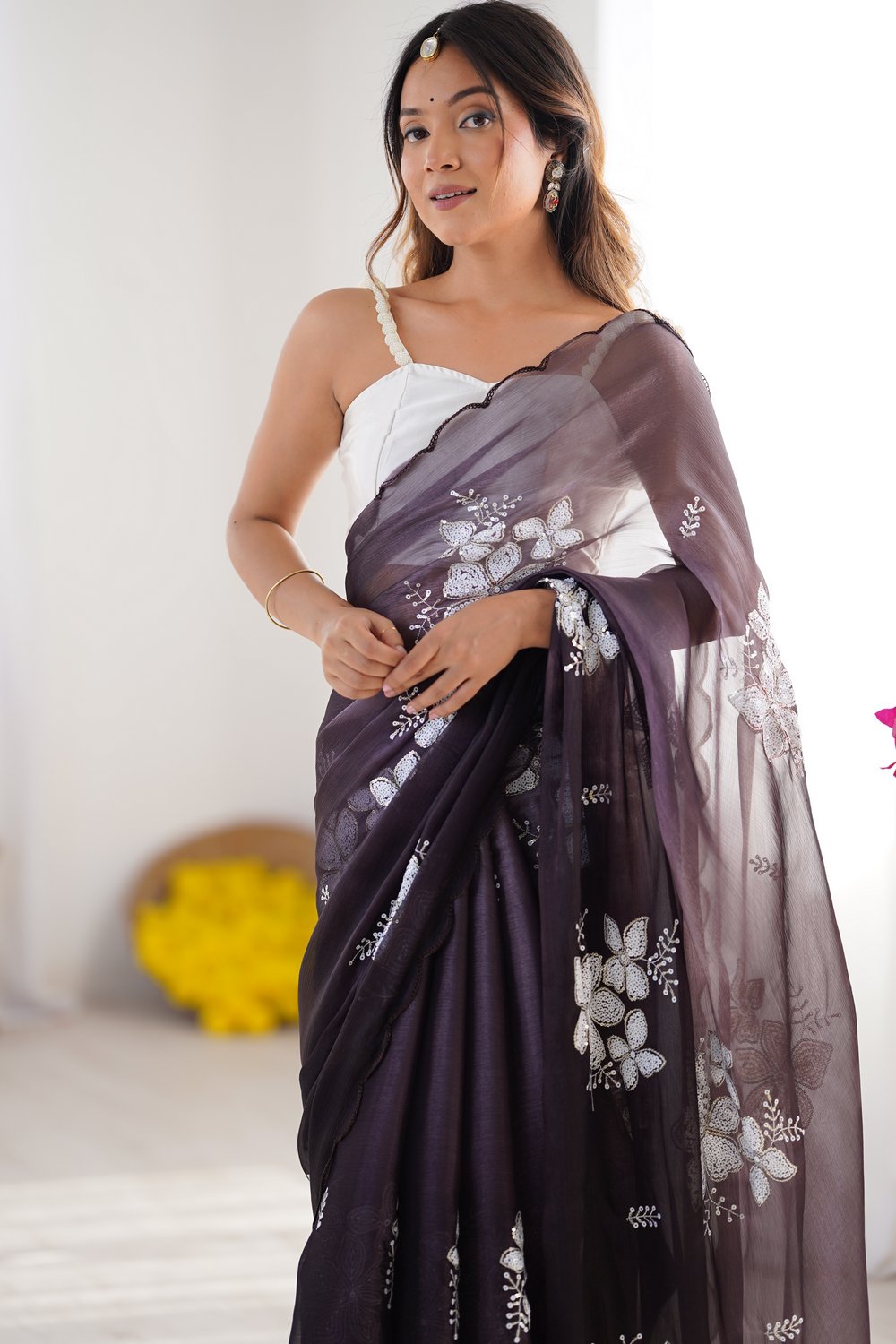 Diana Dark Purple Chiffon saree with Floral Work Ready to Wear One Minute Saree