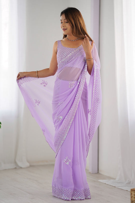 Tyra Lavender Georgette Net Embroidered Sequins One Minute Saree