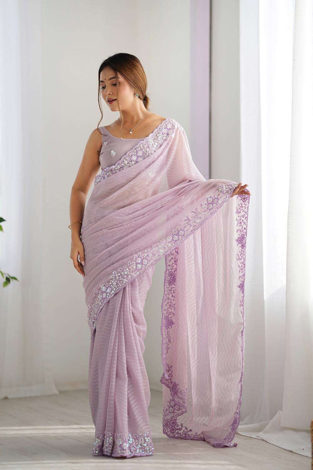 Isaha Soft Lavender Georgette Saree with Sequins Embellished Border Ready to Wear One Minute Saree