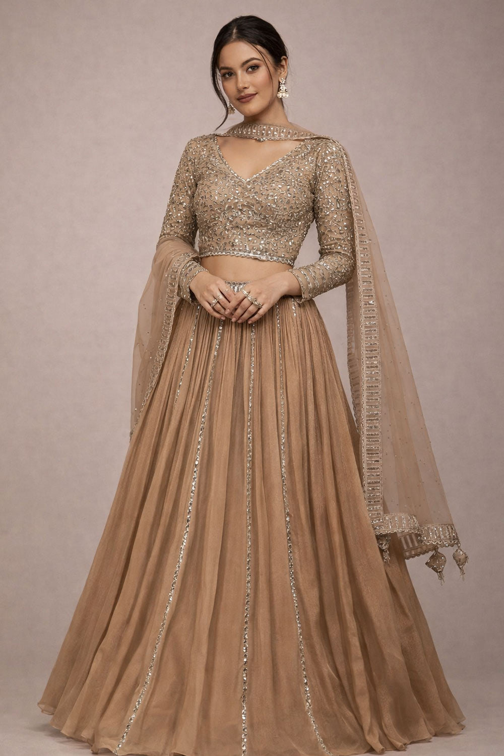 Zainab Beige Sequin Embroidered Georgette Lehenga Saree