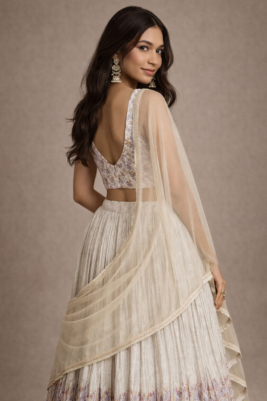 Carole Cream Floral Printed Georgette Lehenga Saree