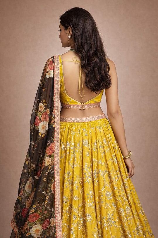 Lenna Mustard Yellow Sequin Embroidered Georgette Lehenga Saree