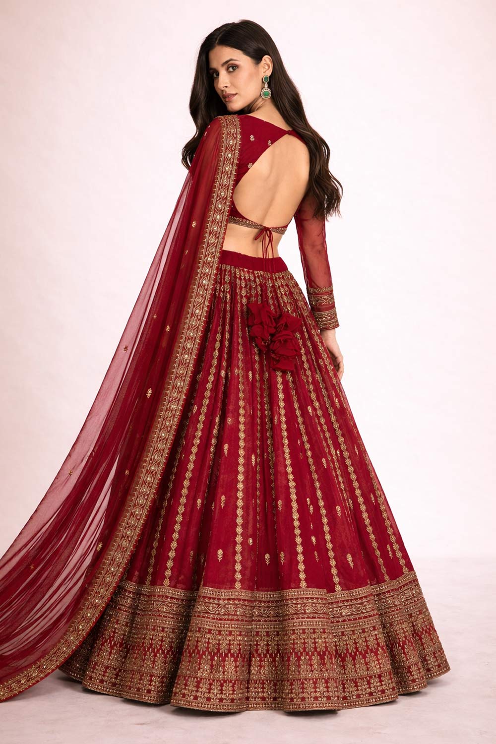 Laila Red Zari Embroidered Organza Wedding Lehenga Saree
