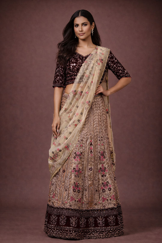 Cecile Beige Net and Velvet Embroidered Ready To Wear Lehenga Saree