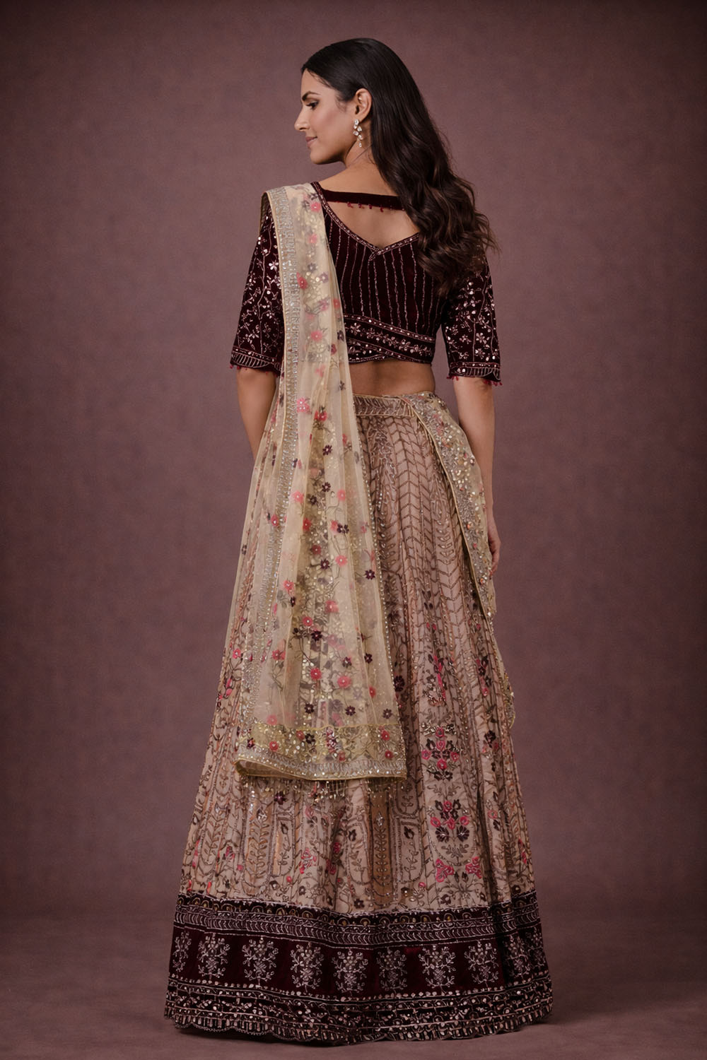 Cecile Beige Net and Velvet Embroidered Ready To Wear Lehenga Saree