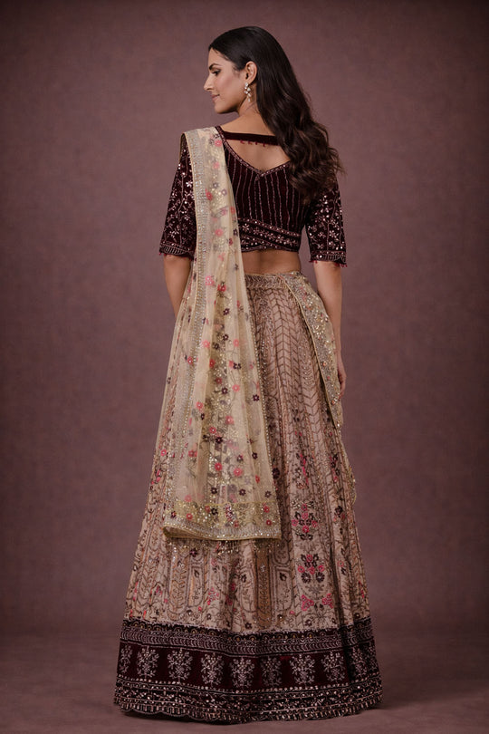 Cecile Beige Net and Velvet Embroidered Ready To Wear Lehenga Saree