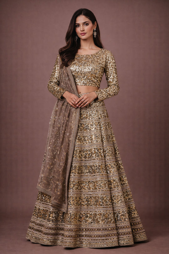 Heather Gold Sequin Tradional Ready To Wear Lehenga Saree