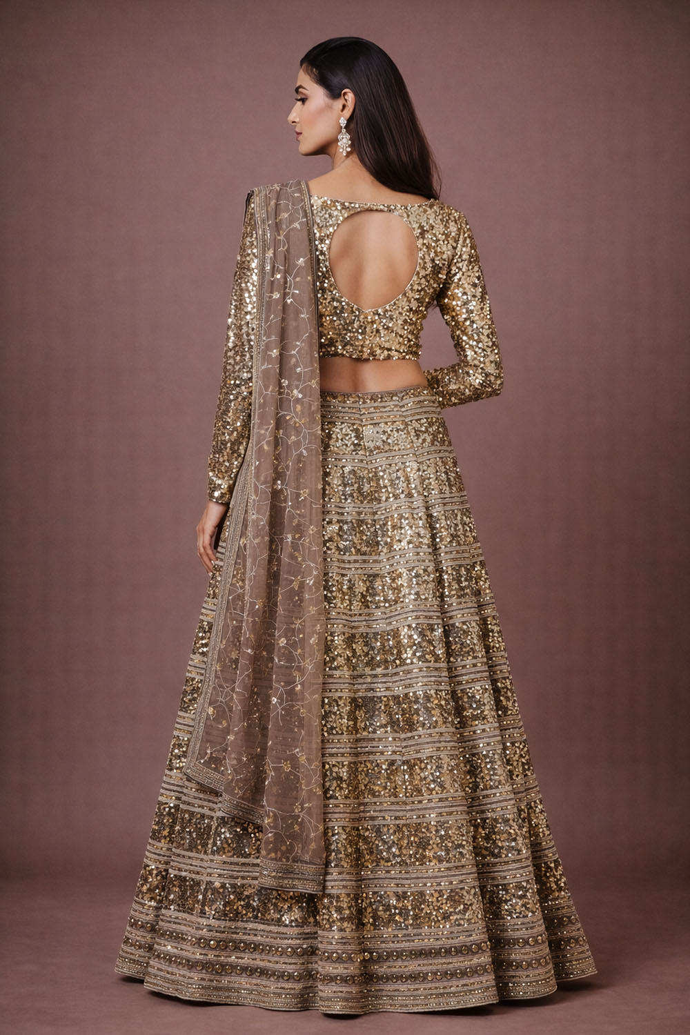 Heather Gold Sequin Tradional Ready To Wear Lehenga Saree