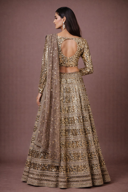 Heather Gold Sequin Tradional Ready To Wear Lehenga Saree