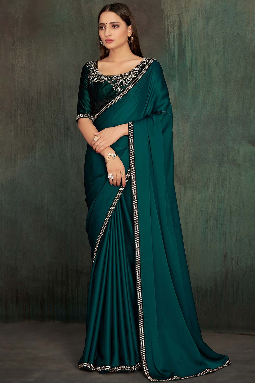 Tiara Teal Blue Chiffon Stone Embellished One Minute Saree