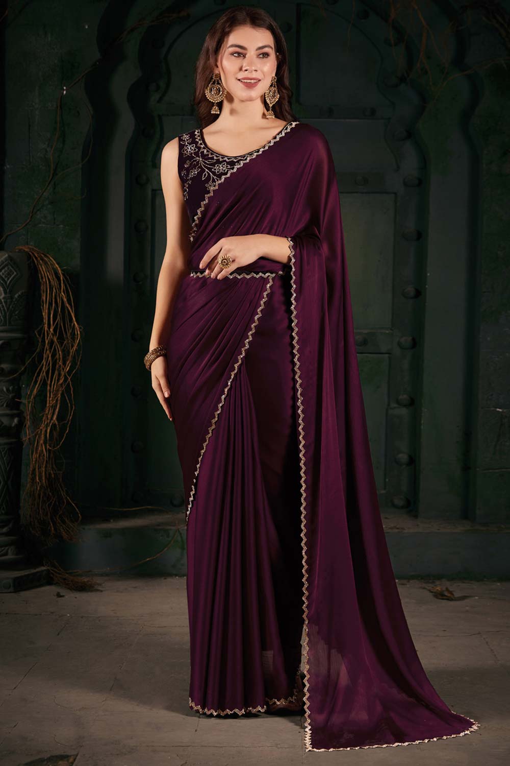 Mahek Magenta Chiffon Stone Embossed One Minute Saree